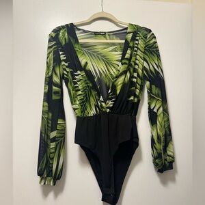 Fashion Nova Green Leaf Print Bodysuit
